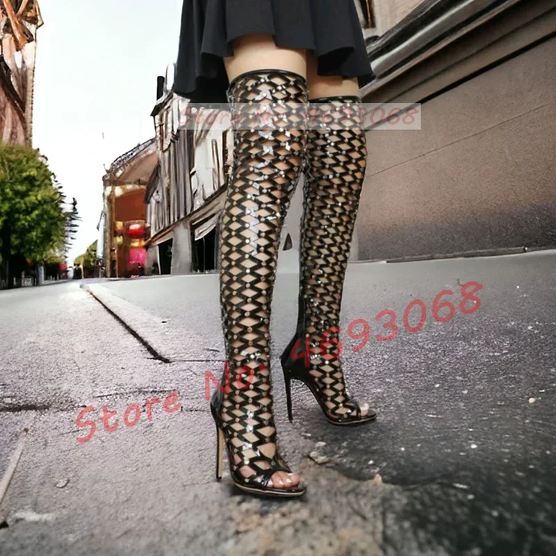Black Strappy Gladiator Overknee Boots Women Sexy Rivets Decor Patent Leather Stiletto High Heels Fashion Open Toe Long Boots