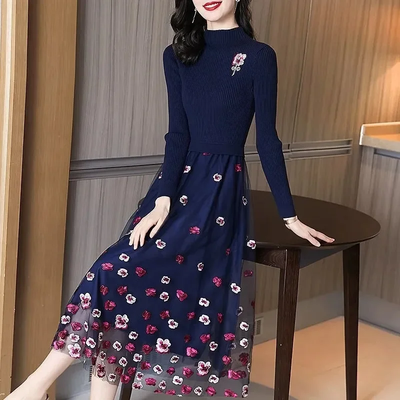 

Spring and Autumn Women New French Style Mid-Length Dress Temperament Waist Slim Long-Sleeved Knitted Mesh Embroidery Dress Z328