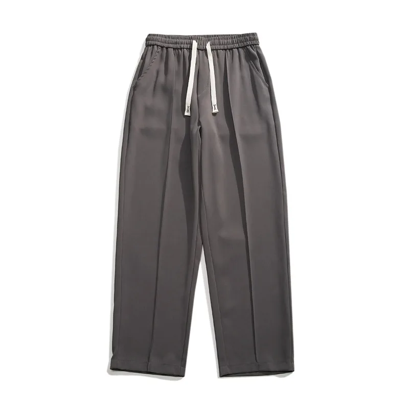 Men's Spring Autumn Drawstring Solid Elastic High Waist Pockets Casual Loose Suit Pants Small Feet Fashion Trousers Pants