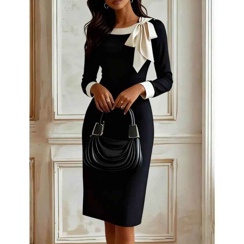 Seksowna Elegancka Dopasowana Sukienka Bodycon z Dekoltem O, Długim Rękawem, Ozdobnymi Wstawkami, Jednolita, Modna Sukienka Wieczorowa na Imprezę, Długość do Kolan