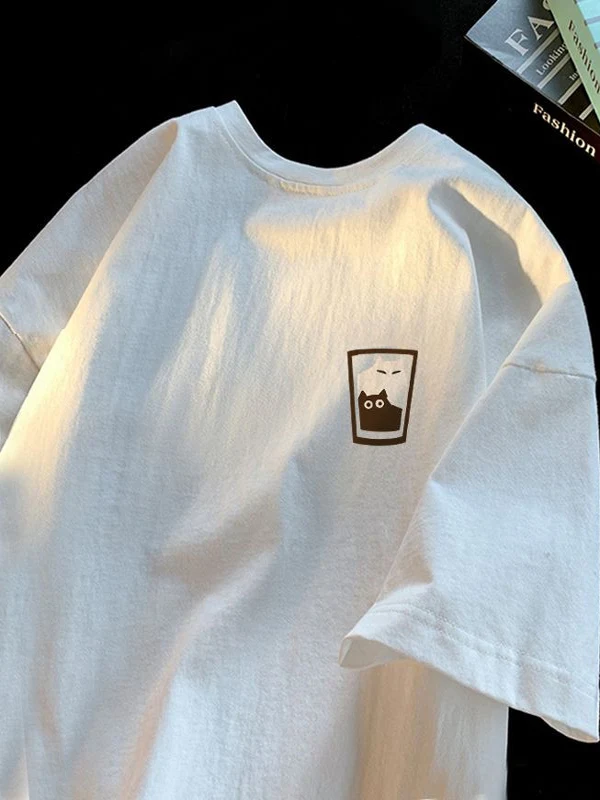 Pure Cotton Short Sleeve T-Shirt Unisex Summer Versatile Print  Design Casual Fashion Sun Protection Loose Fit round Neck
