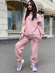 Autumn Winter Solid Color Pants Sets Women Casual Sports Style Two Piece Set Hooded Sweatshirt Trousers  2 Piece Suit Female New