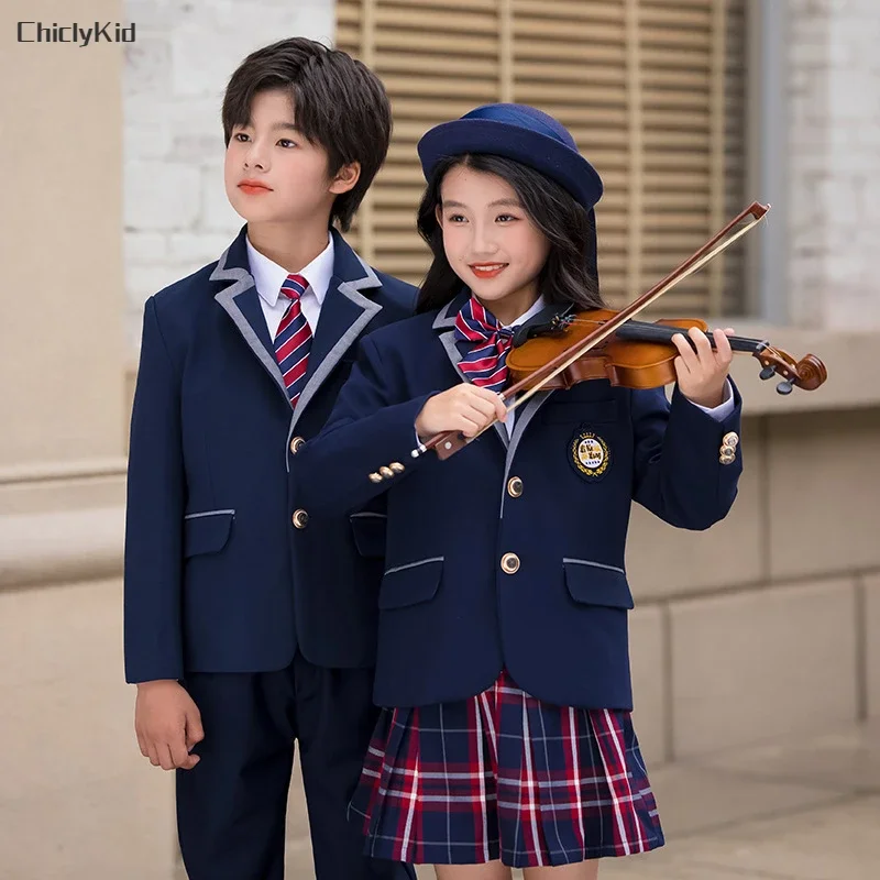 Children School Uniform Girls Korean Japanese Navy Jacket Pleated Skirt Boys Formal Dress Suits Kids Student Clothes Class Sets