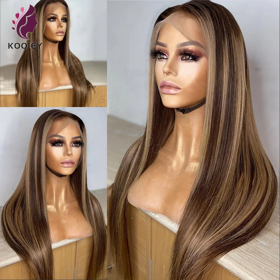 

Brown Blonde Silk Straight Human Hair Silk Top Wigs Pre Plucked Bleached Knots #4/27 Colored 13x6/360 Lace Front Wigs Baby Hair