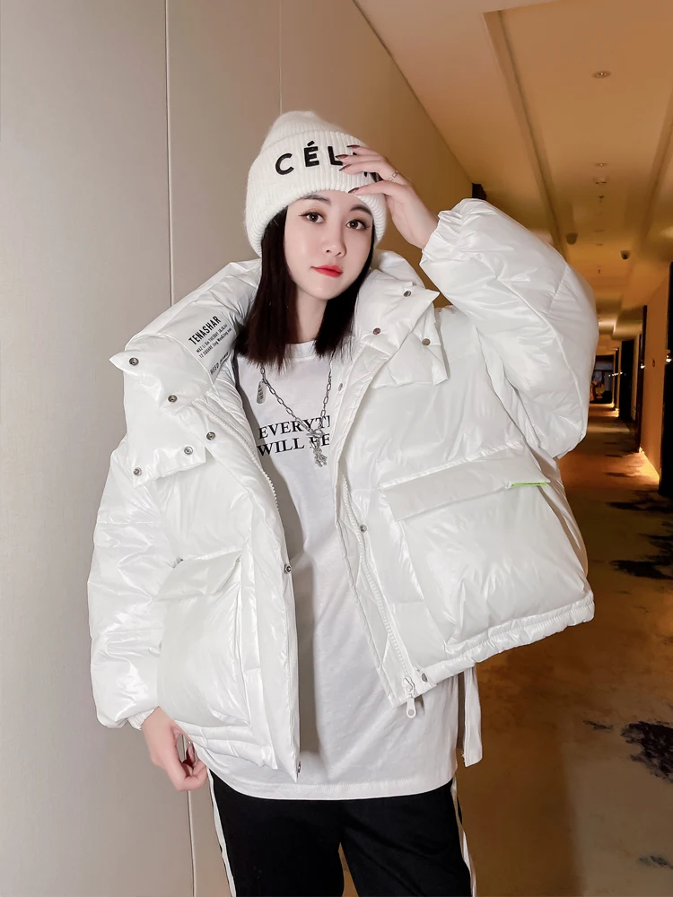 Female Winter Short Hooded Parkas Puffer Bomber Jacket Warm Cotton Padded Coats Stylish Outerwear Oversized Streetwear 2024