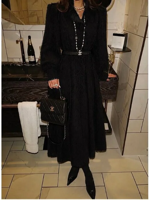 Elegant Long Fleece Dress Women's Autumn Winter New Style Korean Style with Belt Wooden  Trim Soft Material for Various O...