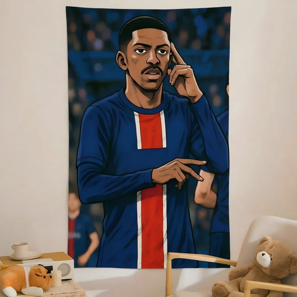 PSG Football Retro Tapestry Blue Red Striped Jersey Player Stadium Sketch Print Wall Hanging Men Fan Dorm Bedroom Decor Gift
