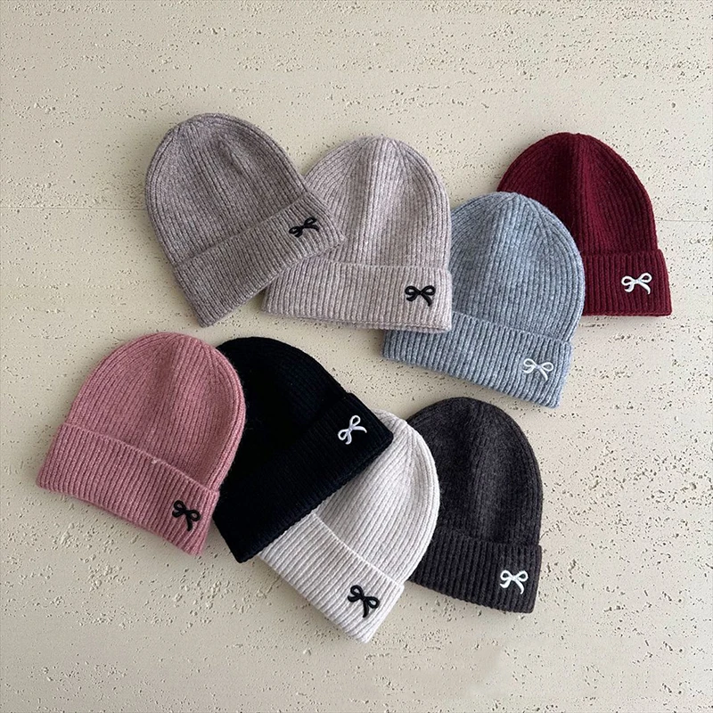 Embroidery Bow Children Beanies Fashion Girl Knitted Hat Solid Color Woolen Crochet Bonnet Winter Warm Baby Pullover Cap 2-6Year
