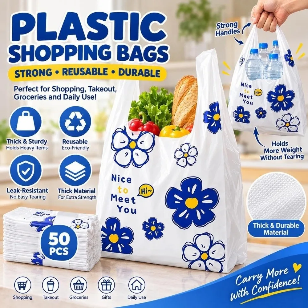 50pcs Blue Flowers Print Plastic Tote Bag Reusable Sturdy Floral Printed T-shirt Bag Storage Grocery Shopping Bag Small Business