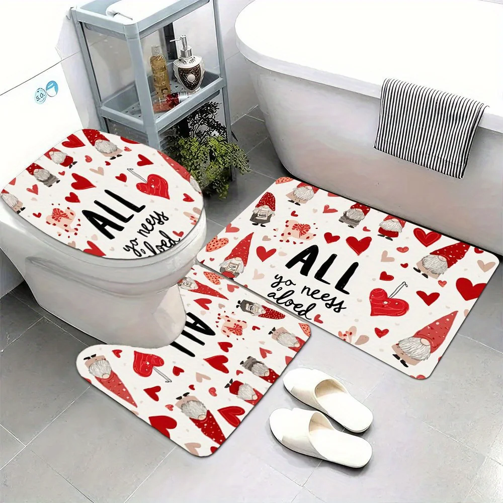 

3pcs Romantic Pink and Red Heart Cute Dwarf Print Design Bathroom Rug | High-quality Flannel Fabric, Soft and Comfortable, Washa