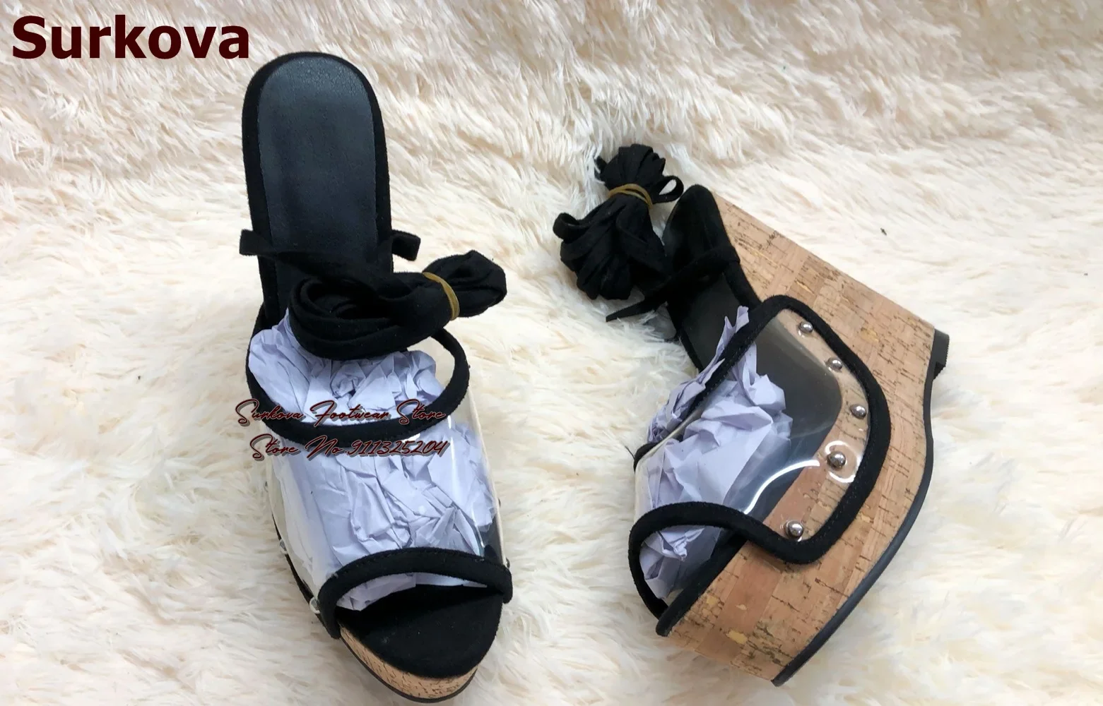 Surkova 나무 패턴 웨지 힐 샌들, 투명 PVC 패치워크 레이스업 원피스 슈즈, 하이 플랫폼 오픈 토 연회 펌프