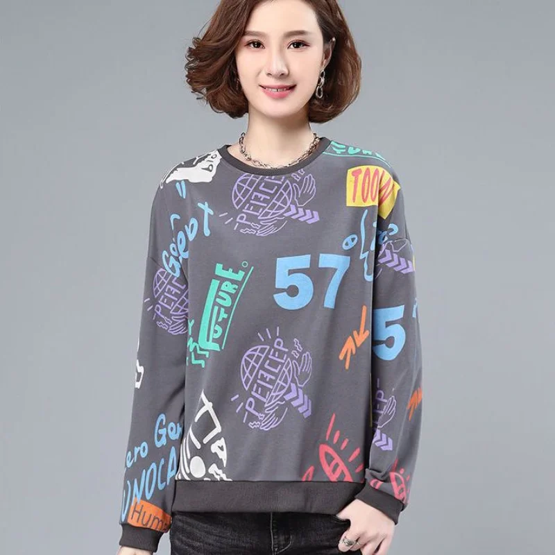 Women Autumn Fashion New Round Neck Pullover Large Size Sweatshirt Printing Letter Splicing Lax Appears Thin Long Sleeves Tops