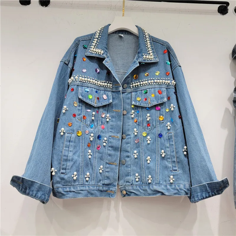 European Station 2023 Autumn New Heavy Industry Rhinestone Beads Skinny Versatile Long Sleeve Denim Jacket Women's Cross-border