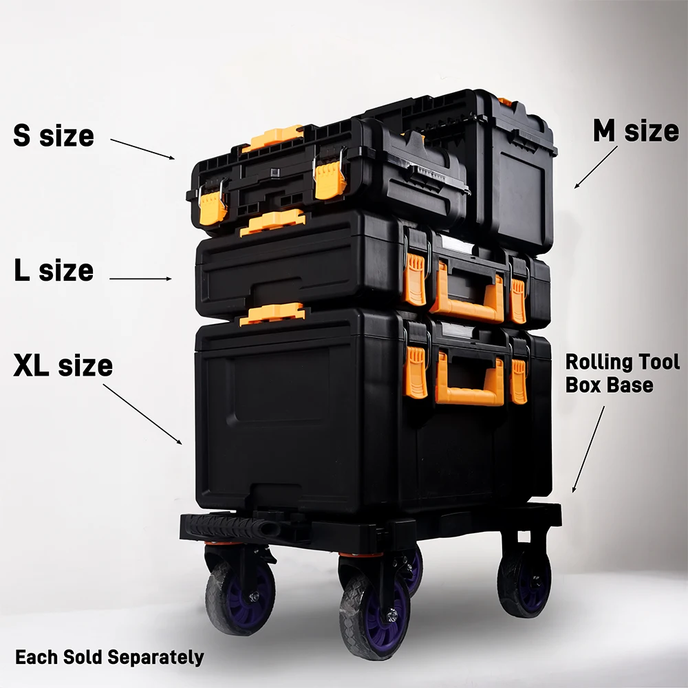 Heavy Duty Stackable Tool Case with Metal Locking Latches, Ergonomic Pulling Handle & Big Wheels