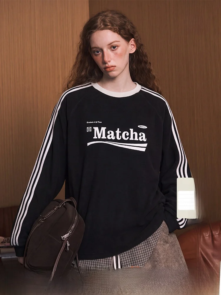 Matcha Story Men's Fleece Lined Hoodie Retro Contrast Color Weave Belt Spring Autumn Couple Style Trendy Cotton T-Shirt