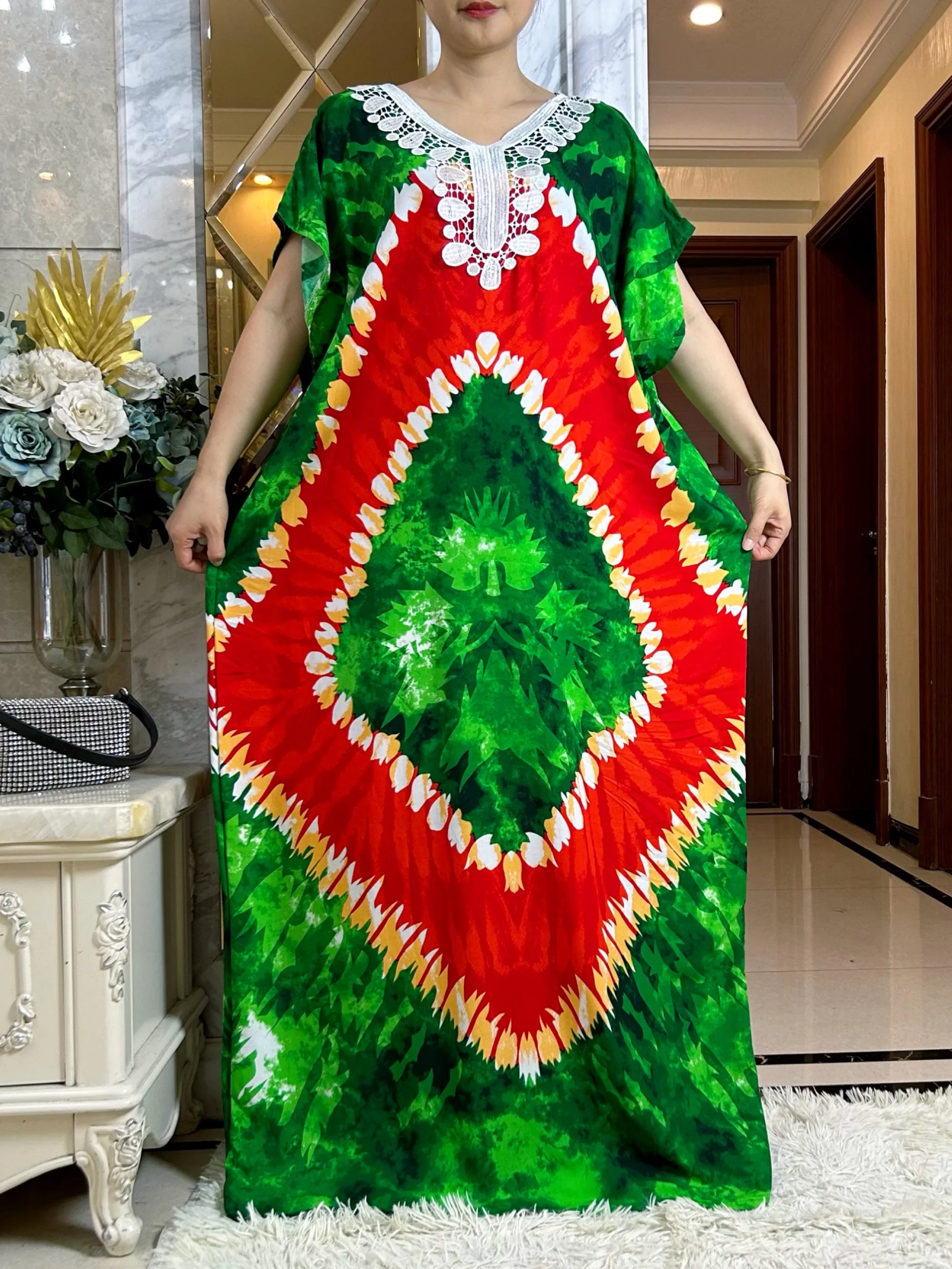 2024 New African Women Dashiki 100% Cotton Floral Dress Printed Tie-dry Short Sleeve Maxi Loose African Elegant Abaya