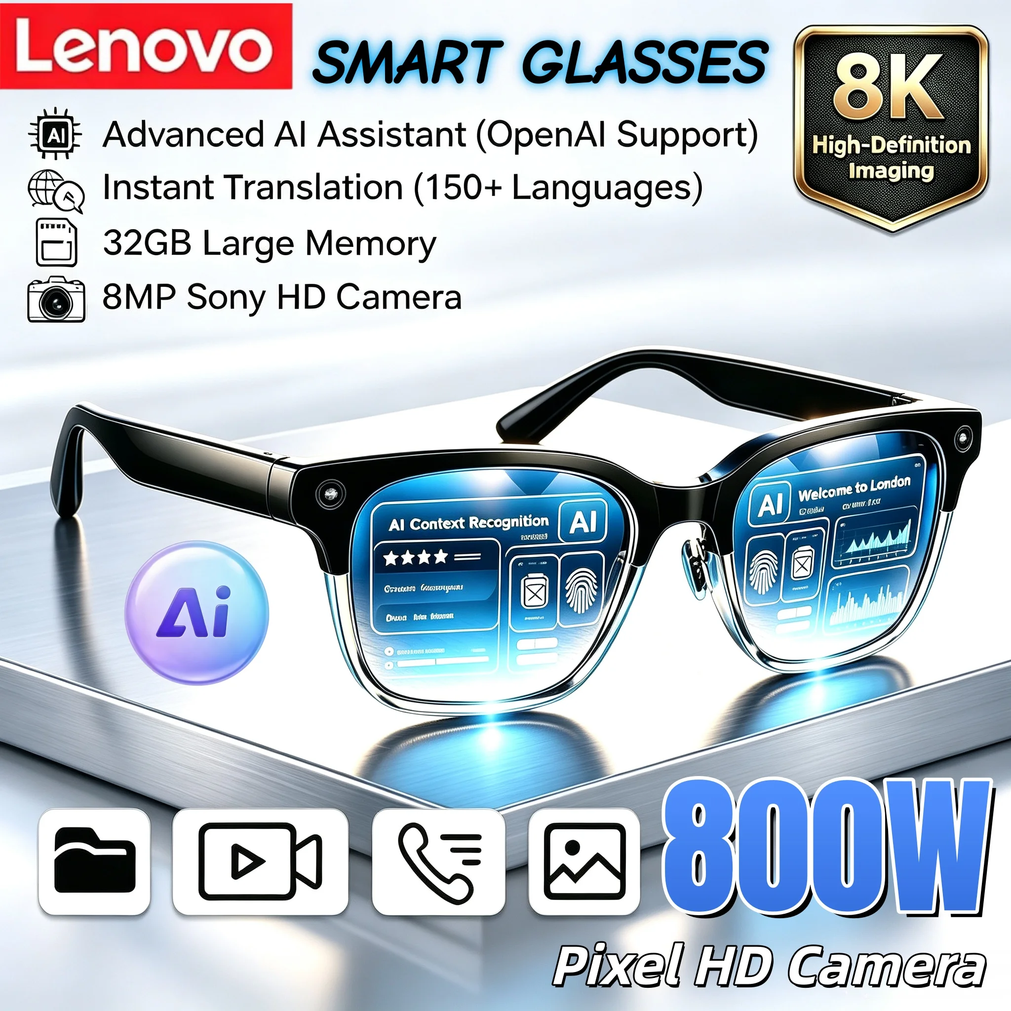 Lenovo 2026 New Smart AI Glasses 800W HD Camera 8K Shooting Image Video Voice Call Translation Bluetooth AI Motorcycle Glasses