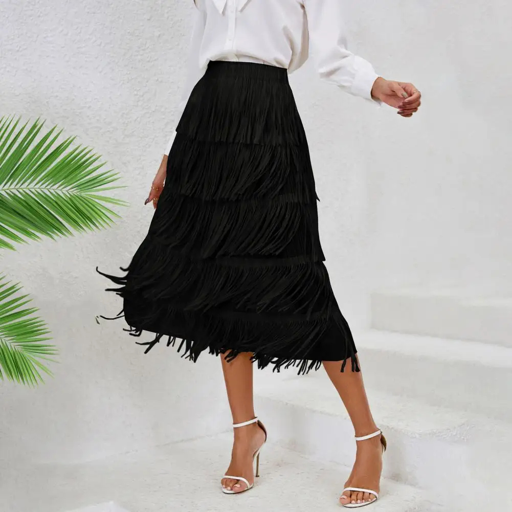 

Commuter Skirt Commuter Style Skirt Elegant Women's Fringed Midi Skirt with Elastic Waist for Leisure Travel Soft for Daily