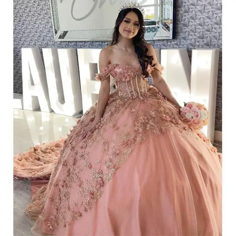 

Pink Ball Gowns Quinceanera Dresses Applique 3D Flower Birthday Party Dress Graduation Gown De 15 Anos Customized