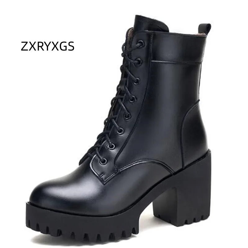 

ZXRYXGS Cross Strap Side Zipper Thick High Heeled Boots Black Single Shoes 2024 Winter One Fur Wool Snow Boots Women Large Size