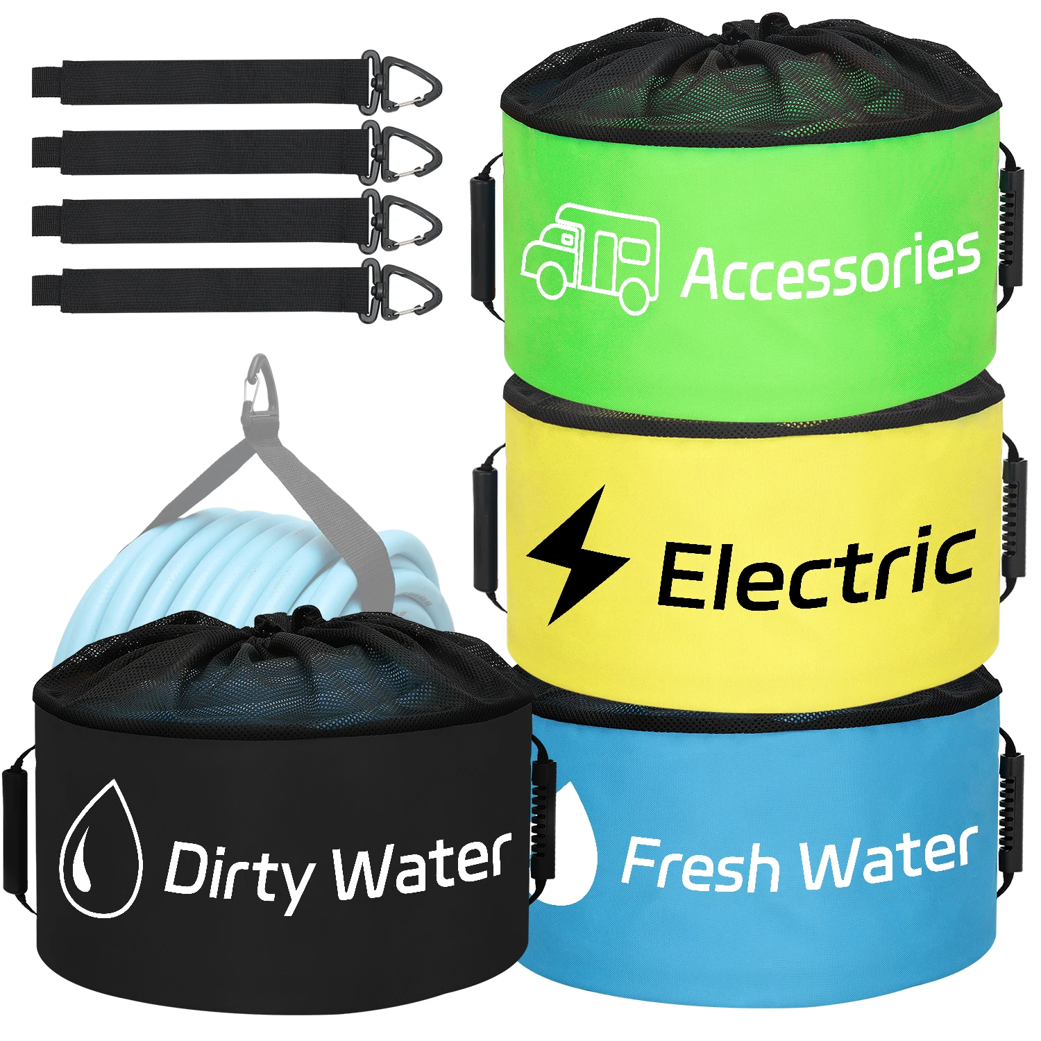 Nilight 4 Pack RV Hose Storage Bag, Waterproof Utility Bag with Drawstring Mesh Top RV Storage and Organization Bags Container for Sewer, Fresh Water Hoses Electrical Cords Camper Tools Accessories