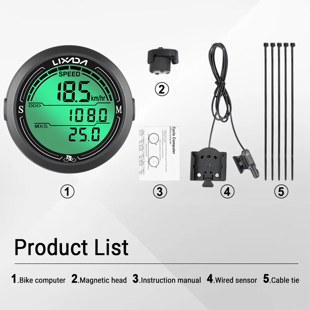 Wired Bike Speedometer IP67 Waterproof Round Shaped Bike Computer Large LCD Dispaly Backlight Screen Cycle Odometer