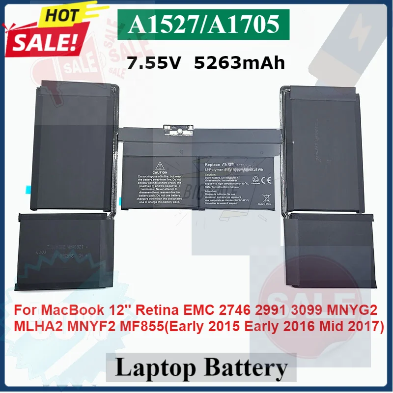 

A1527 A1705 Battery For MacBook A1534 12'' Retina EMC 2746 2991 3099 MNYG2 MLHA2 MNYF2 MF855 (Early 2015 Early 2016 Mid 2017)