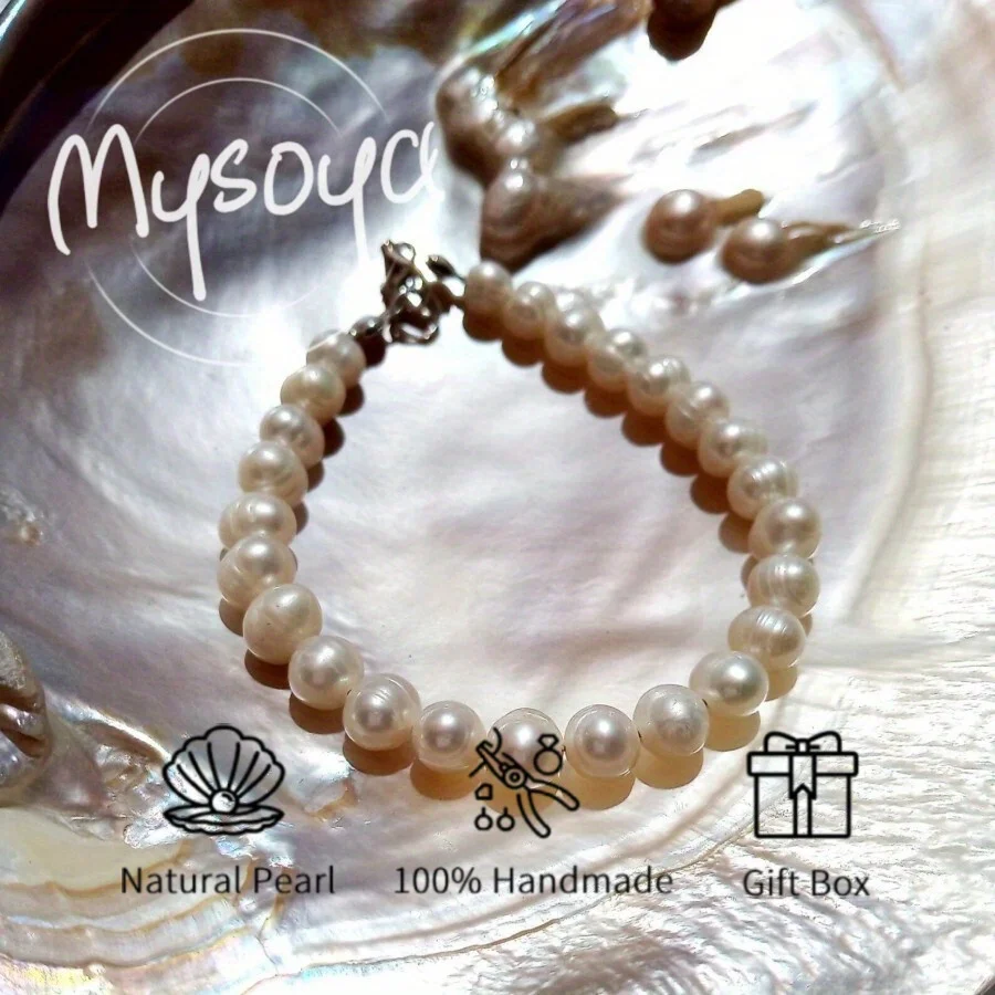 

MYSOYA 7-8 мм браслет из натурального белого пресноводного жемчуга для женщин и мужчин с подарочной коробкой идеальный подарок на день рождения, свадьбу, Рождество