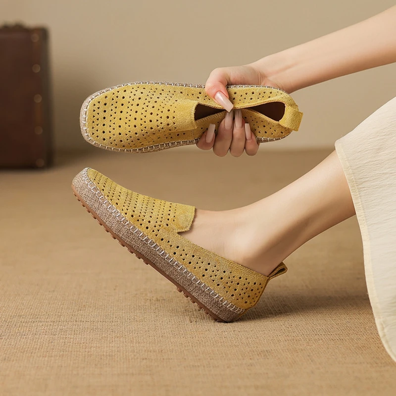 NEW Autumn/Spring Women Loafers Cow Suede Leather Shoes for Women Round Toe Low Heel Shoes Shallow Slip-on Hollow Daily Shoes