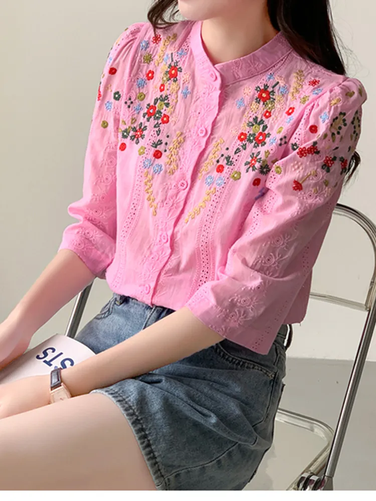 SMTHMA Summer New Vintage Embroidered Flower Jacquard Shirt For Women Romantic Gentle Style Versatile Stand Collar Shirt