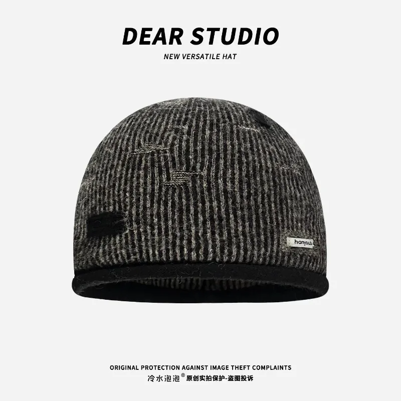 Ins Color‑block Vintage Striped Ripped Knit Beanies for Women Autumn Winter Fashion All‑Match Face‑Slimming Pull‑on Skull Hat