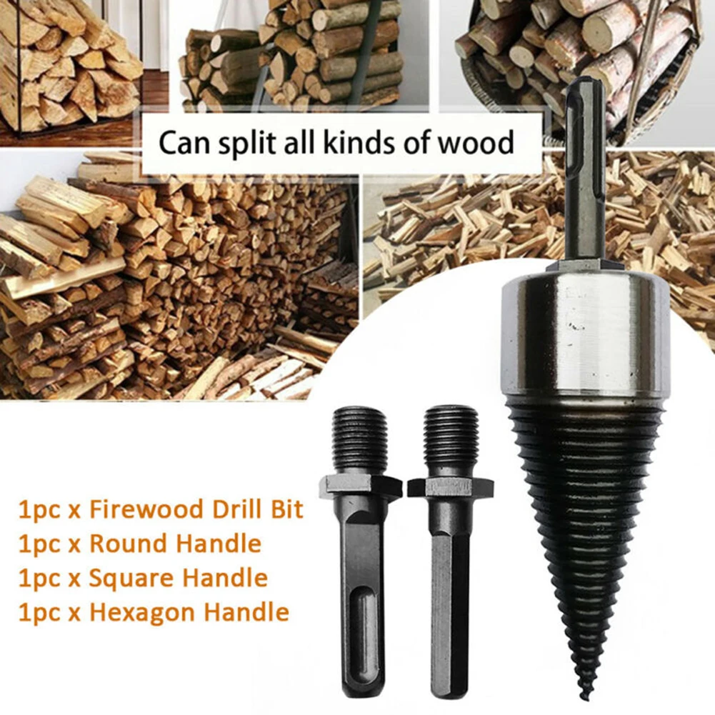 4pcs Firewood Drill Bit Log Screw Set Splitter Splitting Tool With Handle Carbon Steel Driver Garden Outdoor New