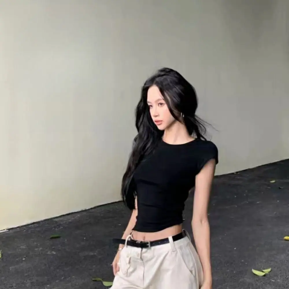 Moda Chic Backless Slim Crop Top Cross Band O Collo Gilet a maniche corte Canottiera estiva T-shirt solide Streetwear