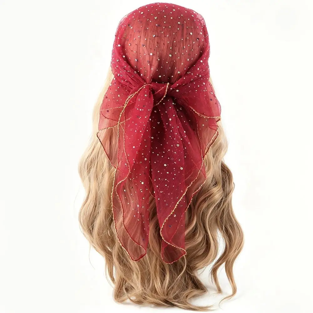 Luxury Sparkle Hotfix Rhinestone Square Scarf Sequin Thin Sparkling Headwrap Gold Trim Solid Color Glitter Veil Turban Head Wrap