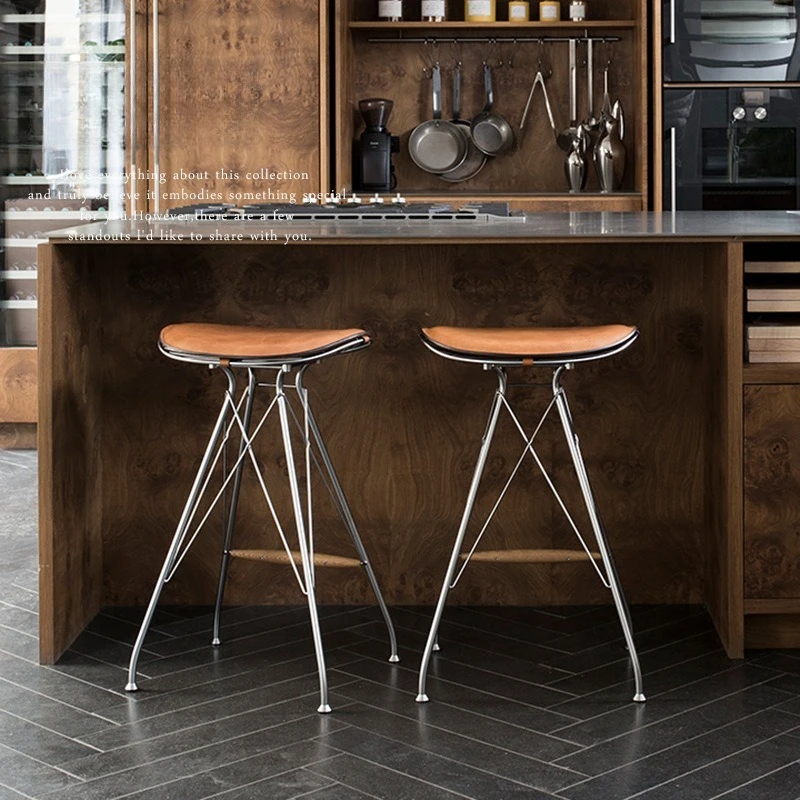 Steel Wire Dining Bar Chair, Saddle Leather Hardware Stainless Steel Coffee Chair
