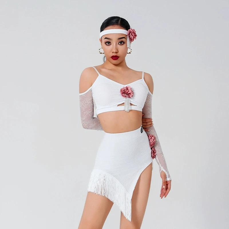 

Latin dance practice set sexy lace off shoulder top+tassel irregular short skirt 2pcs adult and children's performance costumes