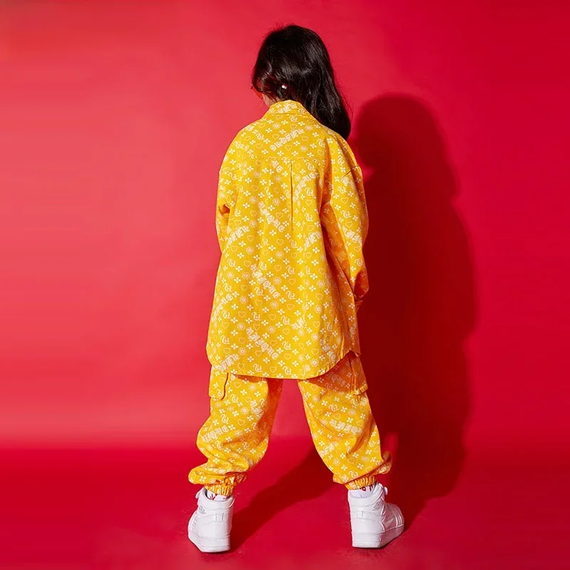 Girls Street Dance Dot Jacket Cargo Pants Boys Yellow Hip Hop Joggers Clothes Set Kids Jazz Print Shirt Child Costume Streetwear