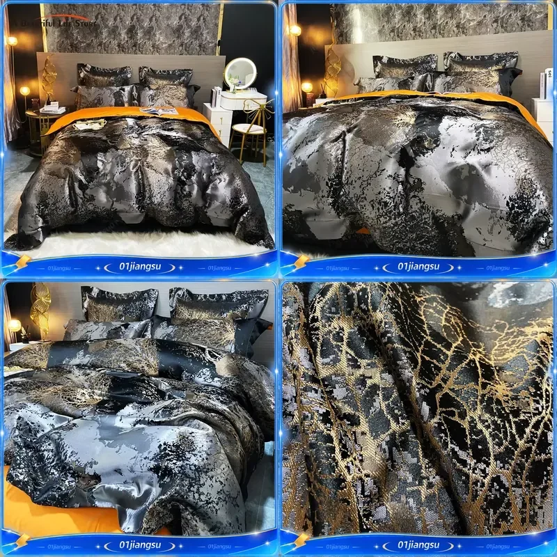 Luxury Jacquard Egyptian Cotton Bedding Set Satin Duvet Cover Fitted Sheet Pillowcases Black Gold High Quality Home Textile