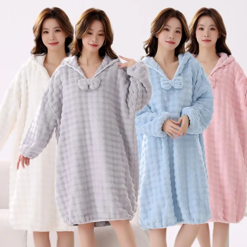 

2025 зимние толстые теплые фланелевые ночные рубашки с длинными рукавами и капюшоном для женщин, милая одежда для сна из кораллового флиса, ночное платье, ночная рубашка, ночная рубашка