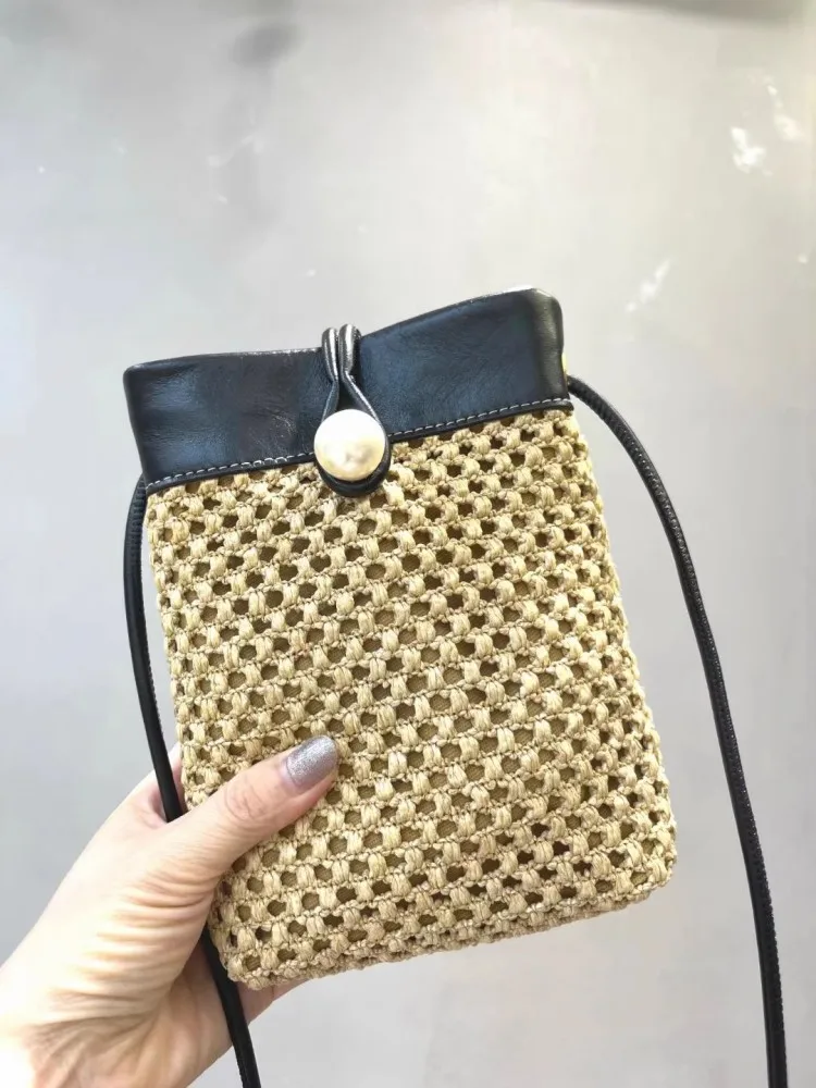 Cow Leather Spliced Straw Bag Small Pouch Women Casual Mobile Phone Bag Vintage Mini Strap Crossbody Bags Holiday Shoulder Bag