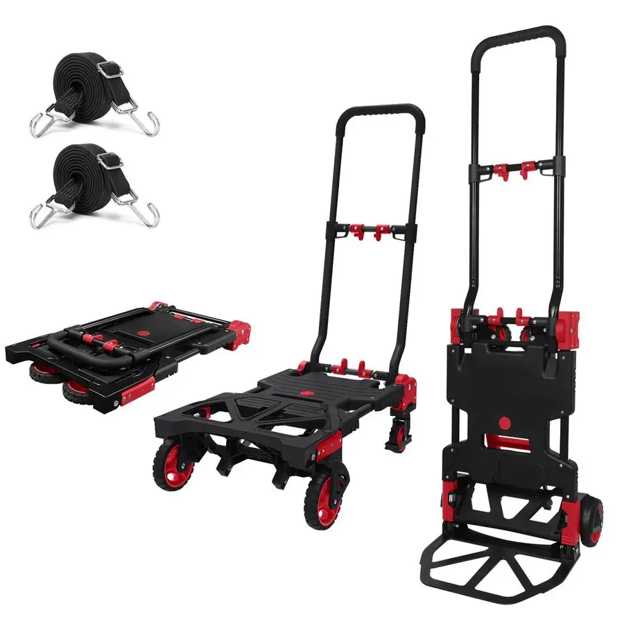 

Hand Truck 330lbs Capacity Heavy Duty Dolly Cart with 2 Elastic Bungee Rope,4 Rubber Wheels,Retractable Handle,Convertible Porta