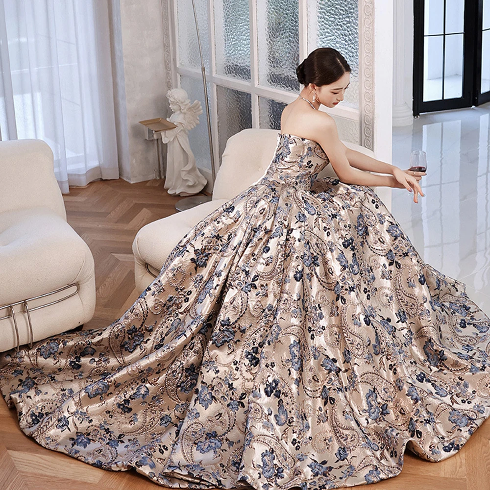 Women's Floral Print Strapless Evening Gown 2025 New Light Luxury Sequin Ball Gown Waist-Cinching A-Line Lace Up Party Dress