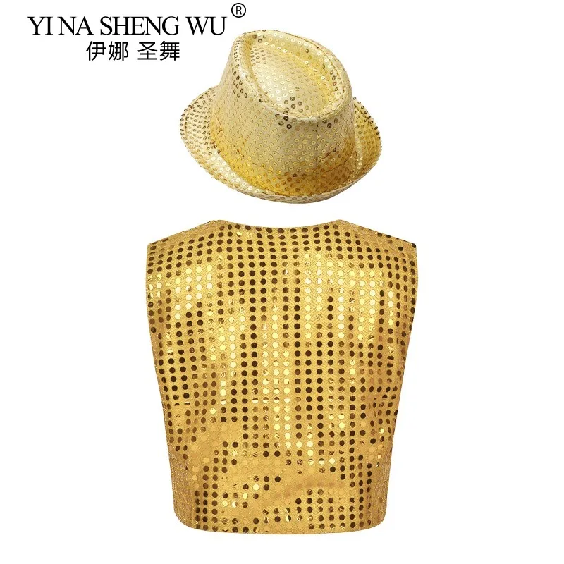 Jazz Dance Kostüm Pailletten Weste + Hut Set Kinder Jungen und Mädchen Hip Hop Street Dance Bühne Leistung Tragen Weste und Hut