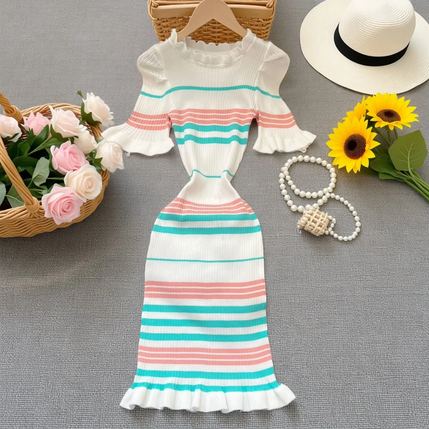 YuooMuoo 2026 Spring Summer Short Sleeve Knitted Women Dress Casual All Match Slim Elastic Bodycon Lady Dress Streetwear Outfits
