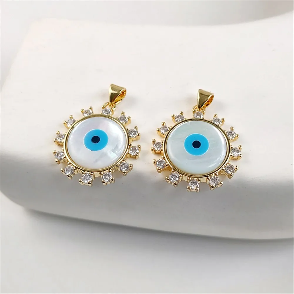 FUWO One Piece Round Evil Eye Pendant ,High Quality Golden Plated DIY Handicraft Zircon Charms For Women Jewelry Making PD008