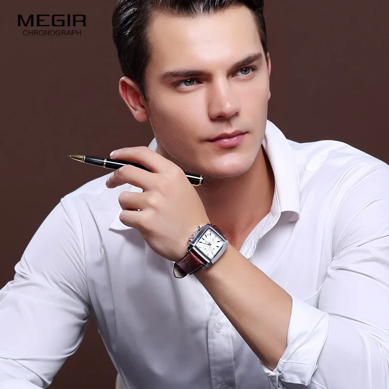 Megir Rectangle Dial Leather Strap Watch for Men Casual Blue Chronograph Quartz Watches Man Wristwatch Montre Reloj Часы М�