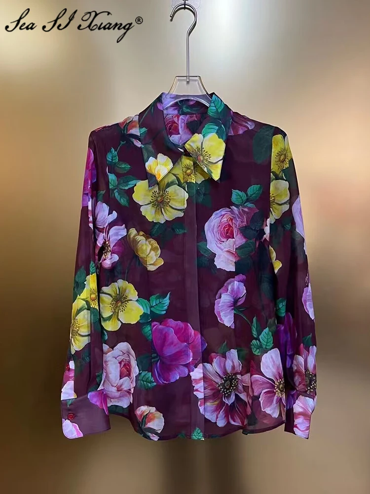 Seasixiang Designer Summer Silk Shirts Women\'s Turn-down Collar  Long Sleeve Flower Print  Office Lady Single Breasted Shirts