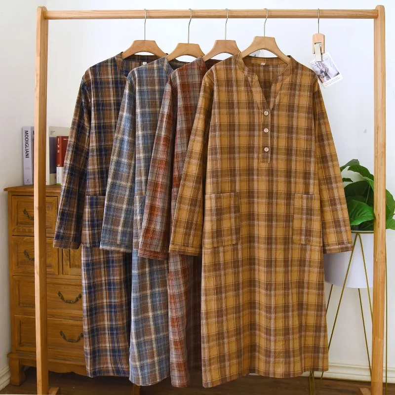 Cozy Washed Cotton Plaid Dress Women Long Sleeve V Neck Loungewear Button Down Home Wear Breathable Midi Nightgown Pockets