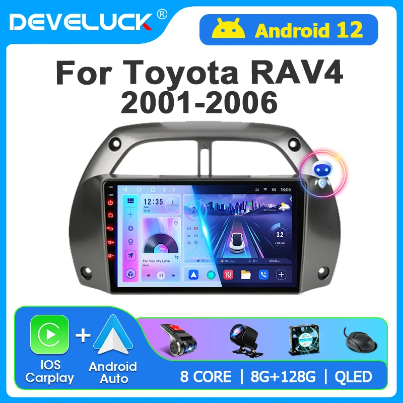 2 Din Android 12 Car Radio Carplay For Toyota RAV4 Rav 4 2001 2002 2003 2004 2005 2006 Multimedia Video Player Navigation RDS 4G