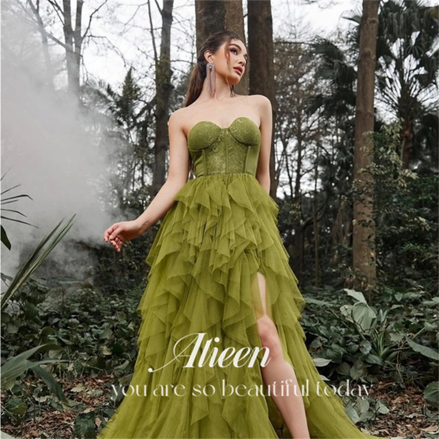 Sweetheart Side Slit Olive Green Multi-layer Off the Shoulders Chubby Elegant Party Dresses for Wedding Night Evening customized